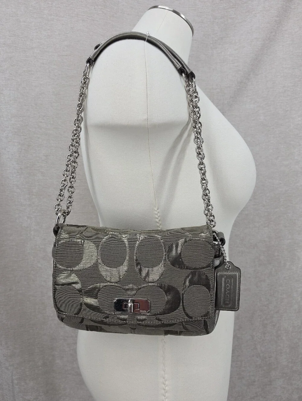 Coach Signature Canvas Jacquard Shoulder Bag in Metallic Pewter Chain Straps